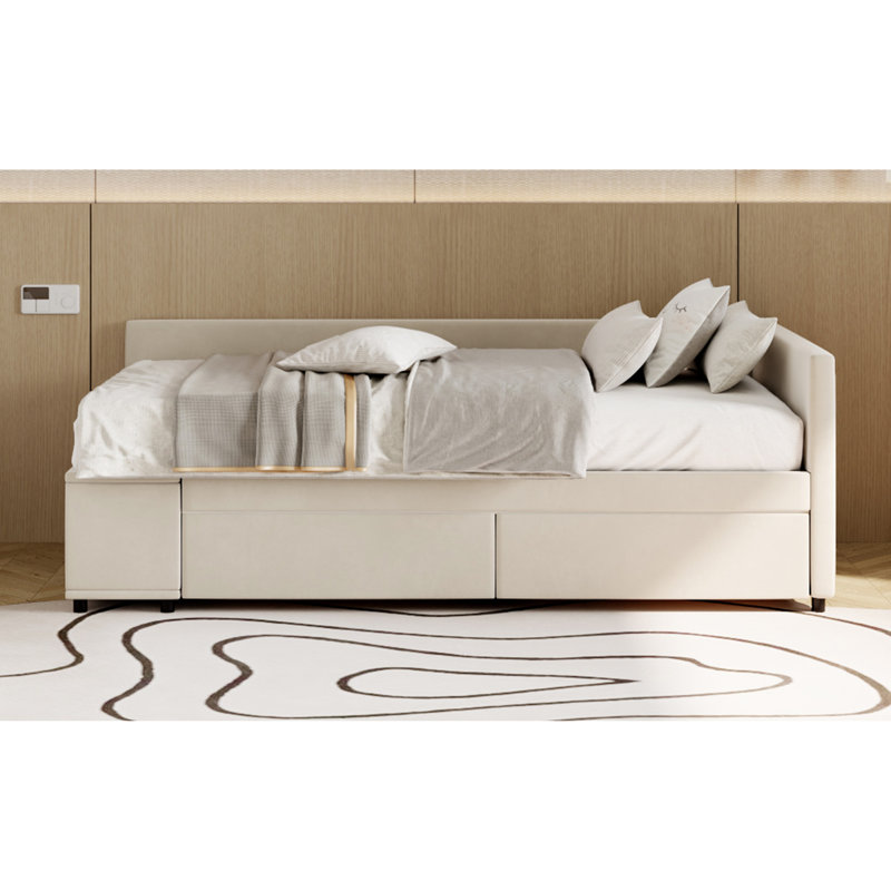 Lit plateforme simple tapissier en forme de L avec rangement et tiroirs, Beige