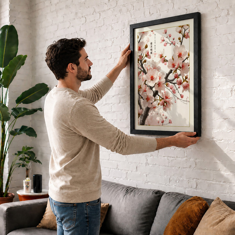 Moonlit Cherry Blossom Japandi - Framed Print, A3 - 42.0 x 29.7 cm, White