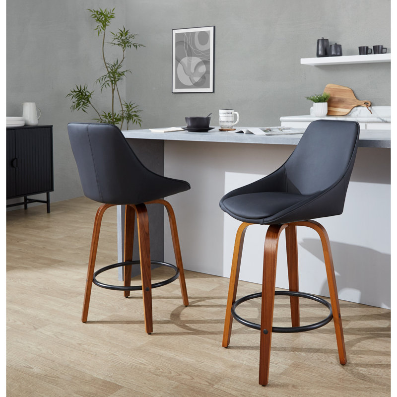 Tabouret de comptoir contemporain à hauteur fixe avec pivot, Noir, Noyer