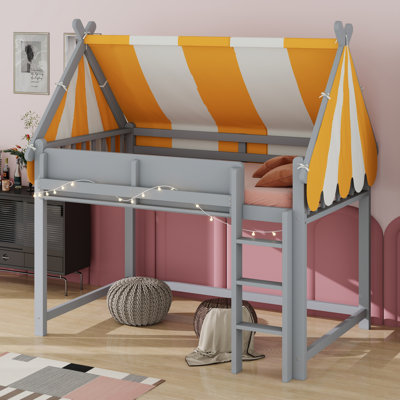 Canopy Loft Bed With LED Lights And Book Shelf