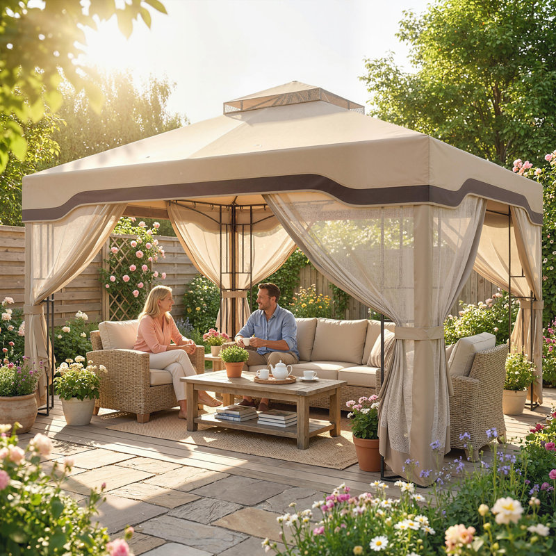 Outsunny 3 x 3.6 m Outdoor Garden Gazebo UPF50+ w/Post Shelves, Khaki