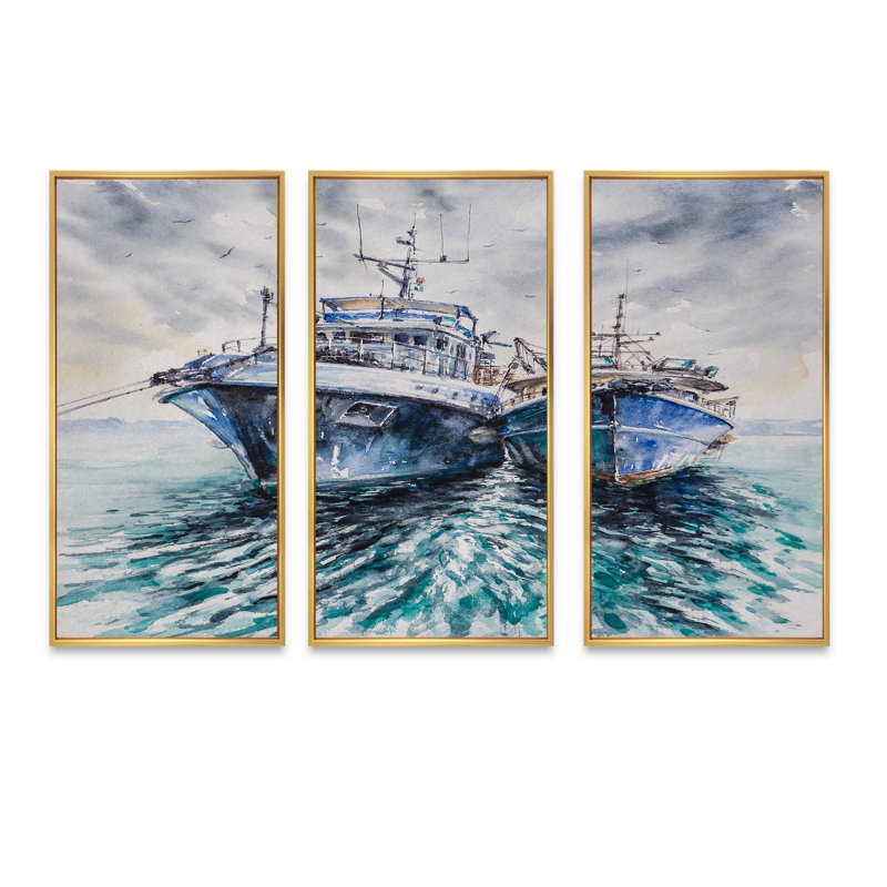 Deux bateaux de pêche avant une tempête ancrée - 3 pièces, reproduction sur toile, H 28 po x l 36 po x P 1 po, Cadre doré
