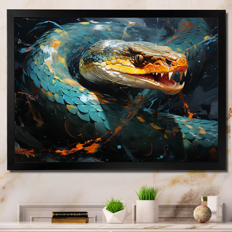 Emerald Snake Intertwining - Reproduction d'art mural animaux, H 24 po x l 32 po x P 1 po, Cadre photo noir