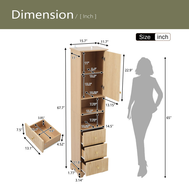 Armoire de salle de bain autoportante de 67,7 po de hauteur, style américain traditionnel, 1 porte avec tablette réglable, 3 tiroirs, rangement ouvert