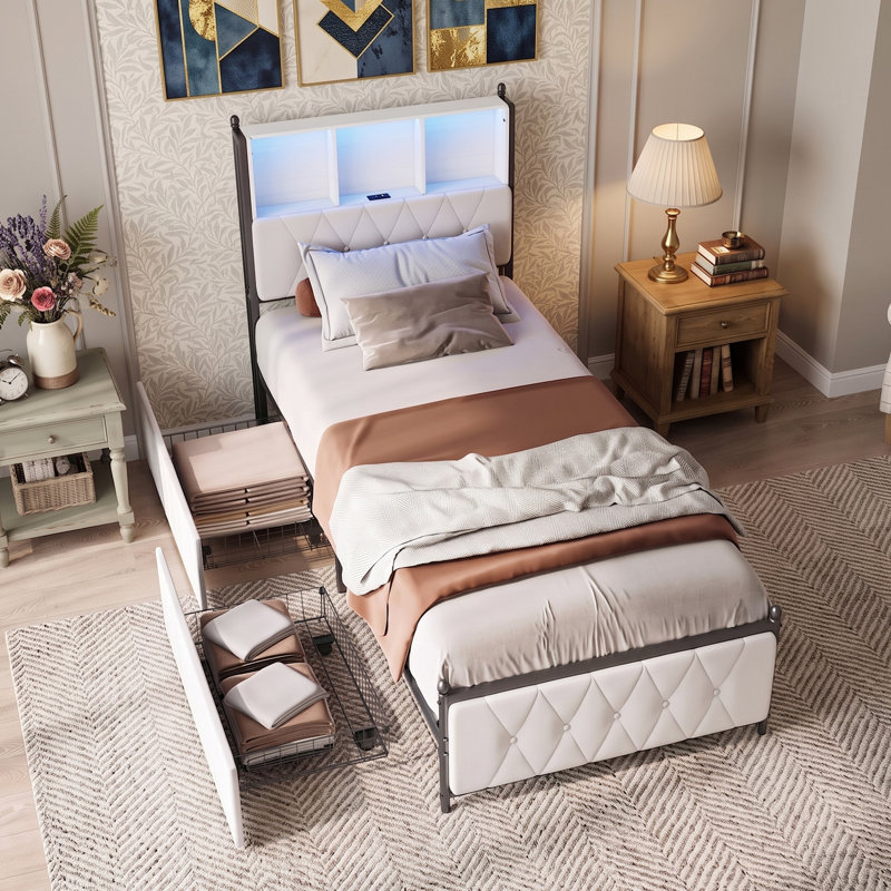 3ft Single Bed Frame with 2 Storage Drawers, Upholstered Platform Bed with Headboard & LED Light, Velvet Fabric Single Bed with Charging Station, Beige(90x190cm, UK Plug)