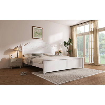 King size Wooden Bed Frame with Arched Headboard and Classic Design,White