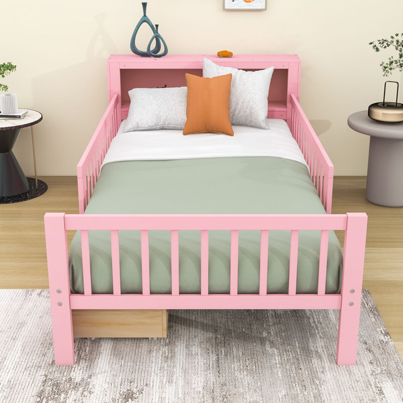 Lit plateforme simple en bois avec tiroirs de rangement, tablettes et tête de lit, Rose