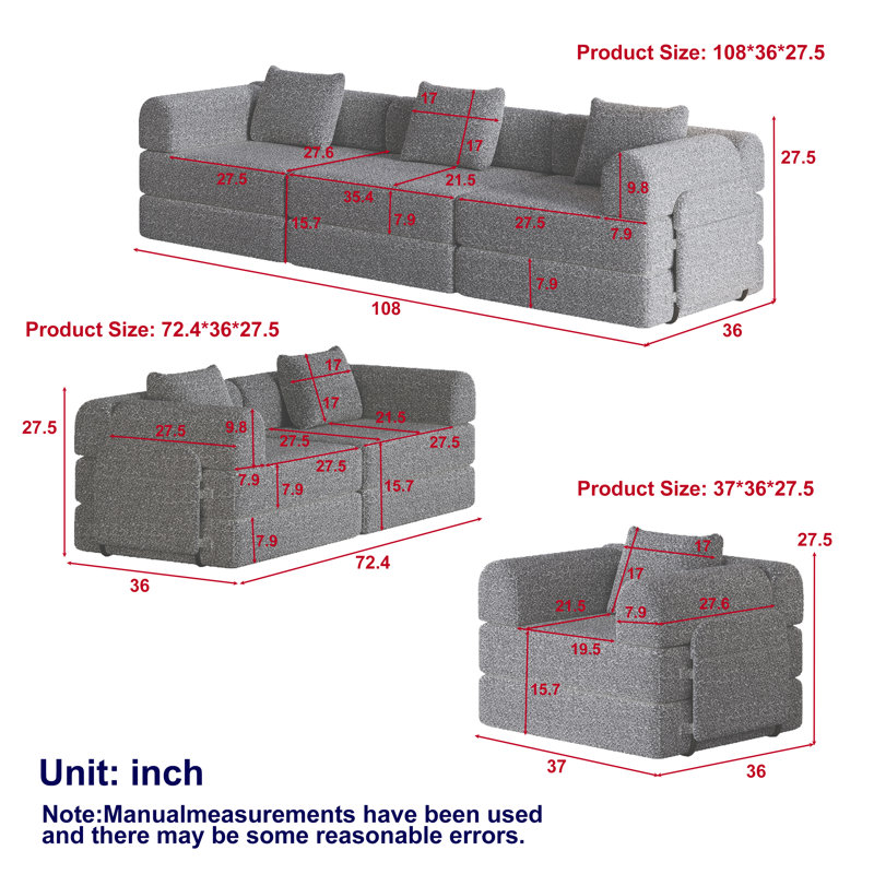 3 pièces Canapé en tissu chenille de 72,4 po, canapé-lit pliant, canapé convertible 3 places, canapé 2 places avec canapé 1 place, gris