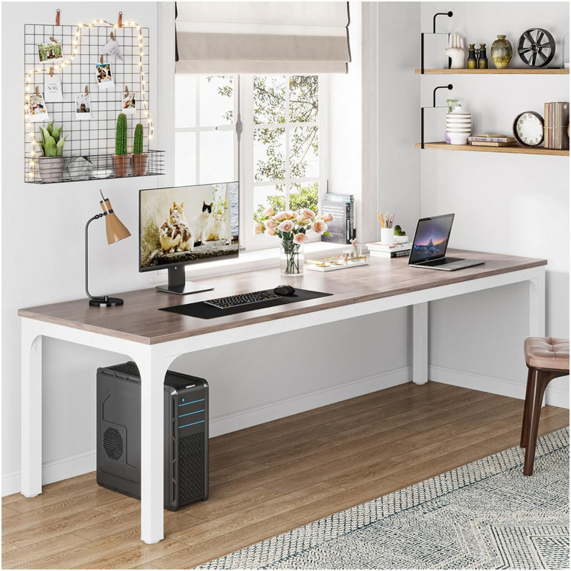 78.7" Extra Long 2-Person Computer Desk, Double Workstation For Home Office, Modern Collaborative Desk With Heavy-Duty Steel Legs, Oak & White Finish