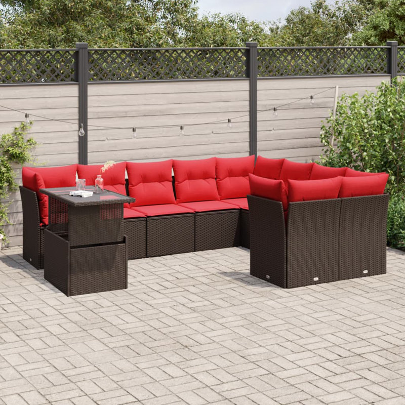 Ensemble de canapé de patio 10 pièces avec coussins en rotin de polyester, Rouge, Brun