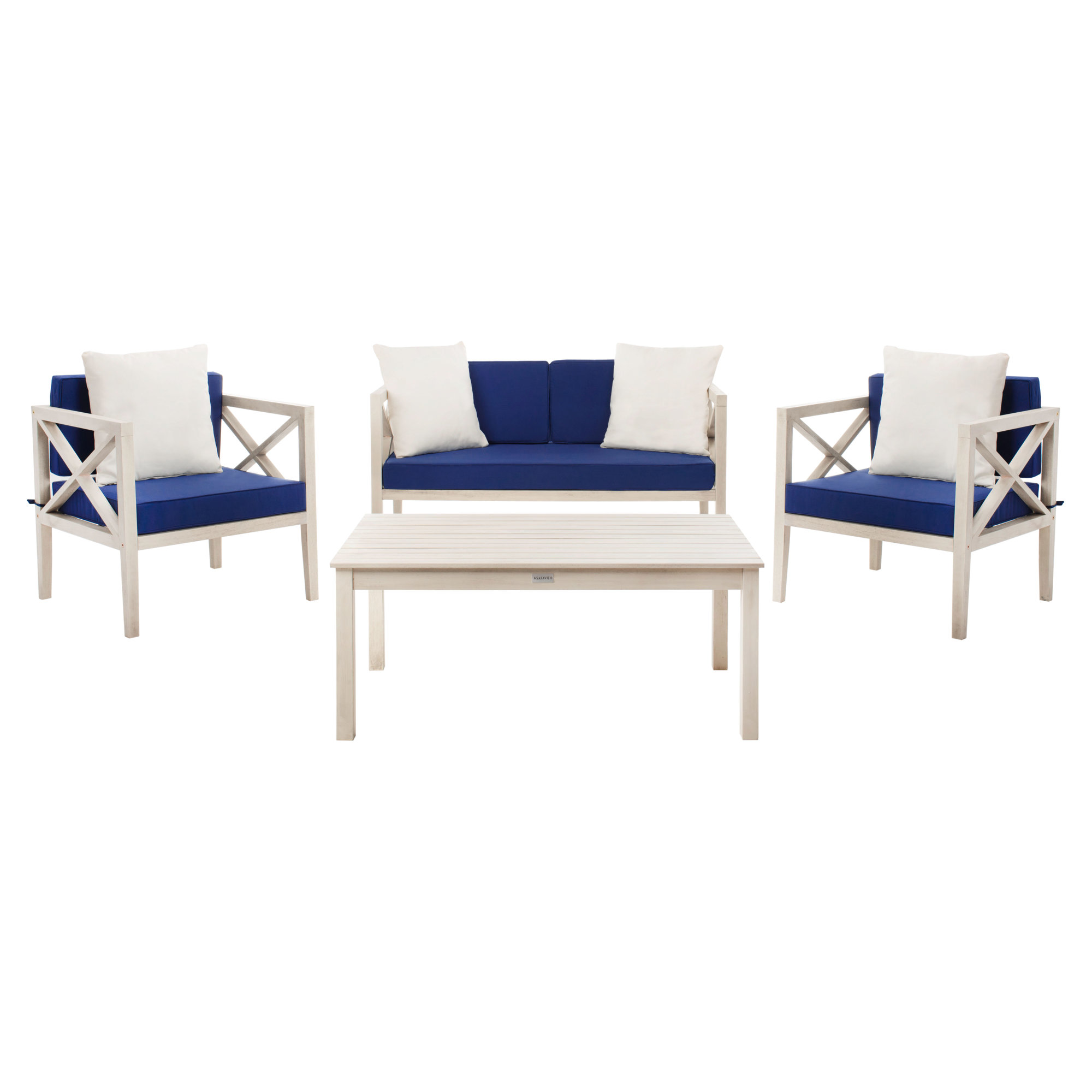 Mondovi Eucalyptus 4 - Person Patio Conversation Set with Cushions, White, Grey Wash Frame/Navy Cushion
