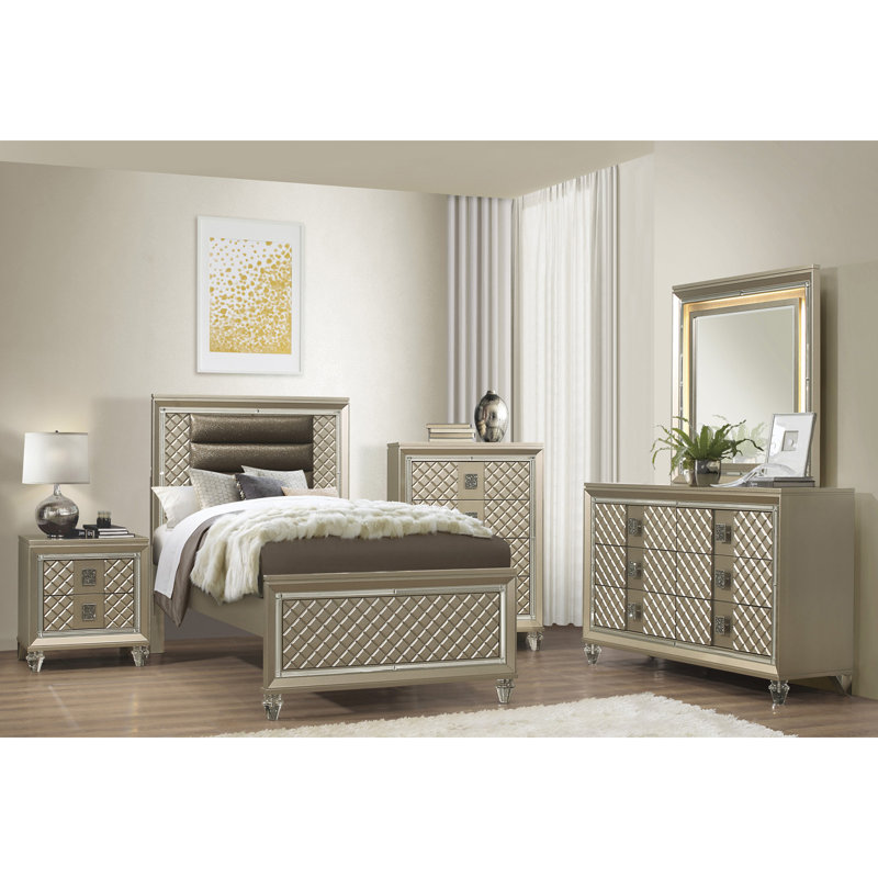 Finition champagne glamour 1 pièce commode 4 tiroirs pieds en acrylique de luxe avec garniture de miroir biseauté