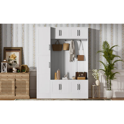 79'' Tall White Modern Hall Tree - 4-in-1 Entryway Bench with Shoe Storage, 6 Cabinets, 4 Coat Hooks & Adjustable Shelf for Hallway/Living Room