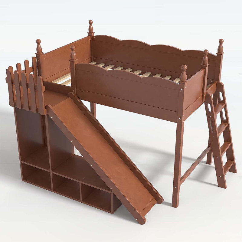 Lit mezzanine simple avec tablettes de rangement et garde-robe, structure en bois massif, glissière amovible, échelles, aucun sommier nécessaire, naturel profond