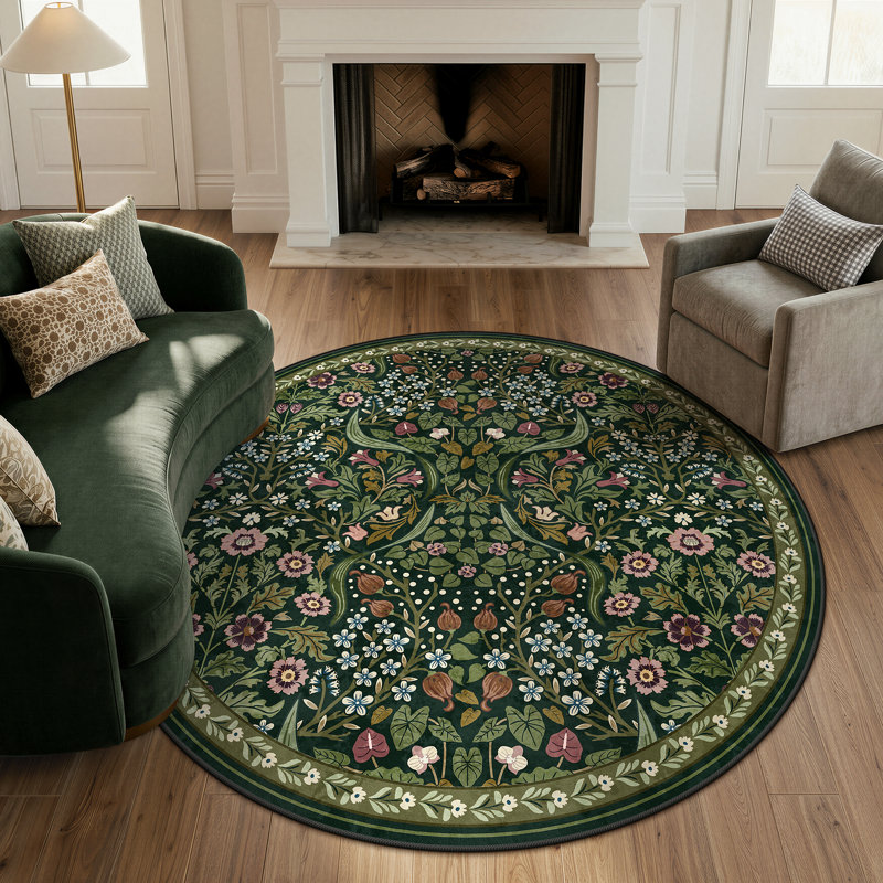 Tapis lavable à motif floral Kaldi, Vert, Rond 6 pi