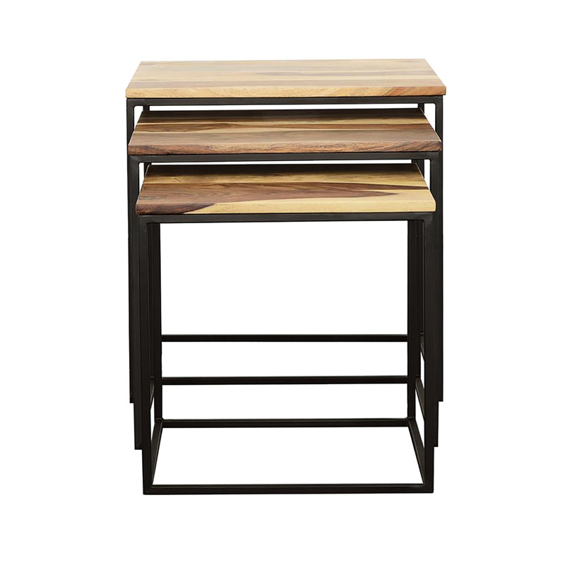 3 tables gigognes - Accessoire de salon décoratif en bois naturel et métal noir