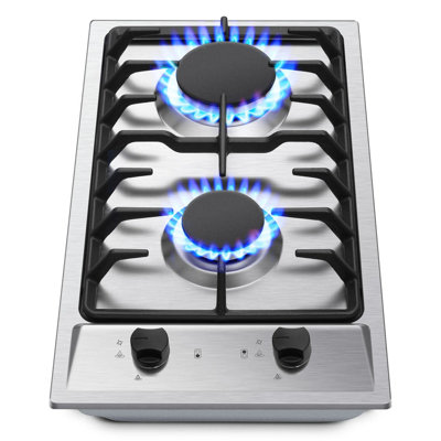 12 Inch Built-In 2 Burner Gas Cooktop, Stainless Steel, 16,914 Btu, Ng/Lpg Convertible With Thermocouple Protection, For Rv & Kitchen