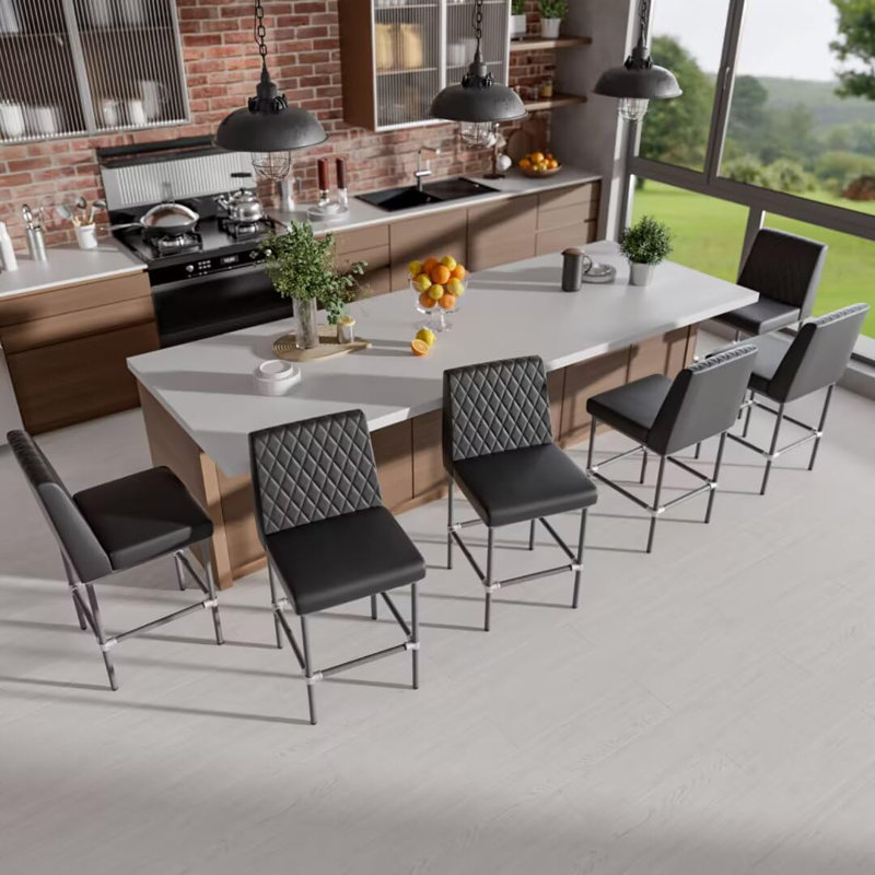Ensemble de tabourets de bar à hauteur de comptoir de 6 po, tabourets de bar industriels de 26 po avec dossier, tabourets de bar en cuir noir avec assise rembourrée et structure en métal peint pour îlot de cuisine