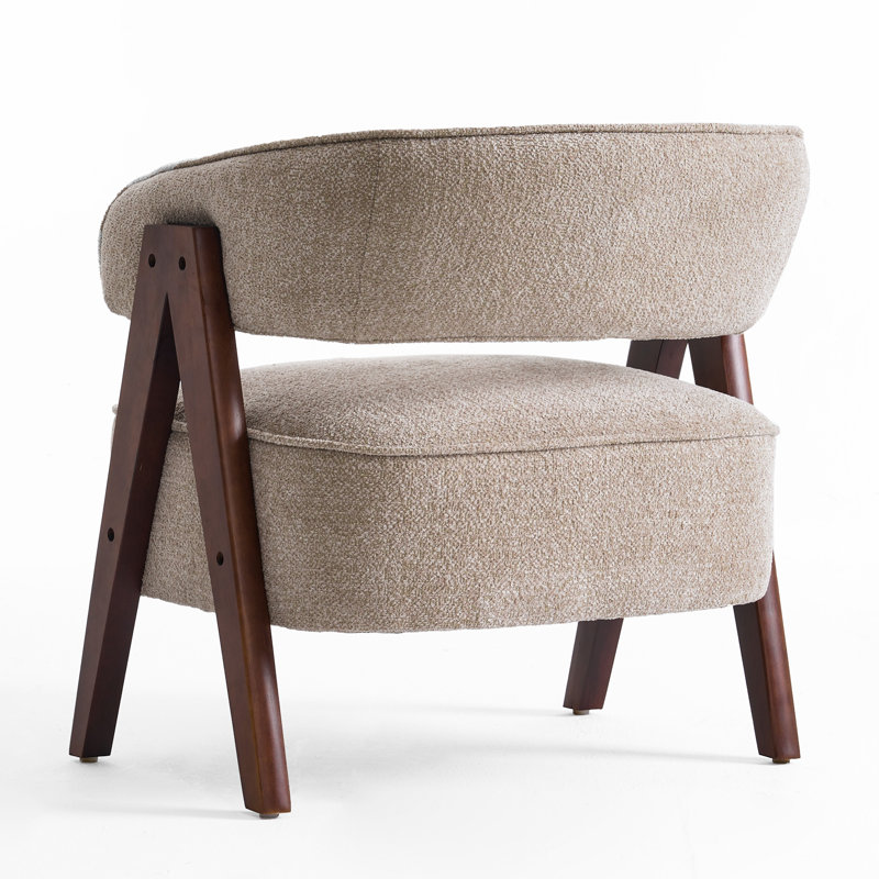 25"W Extra Wide Armchair With Wood Legs, Boucle Fabric Upholstered Accent Chair With Wingback, Mid-Century Modern Barrel Chair With Curved Arms, Thick Cushion For Living Room Bedroom Cafe, Coffee