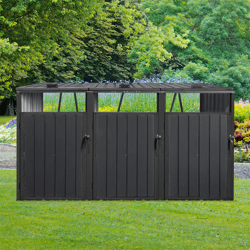Garbage Bin Shed Stores 3 Trash Cans Metal Outdoor Bin Shed For Garbage Storage,Black, Black