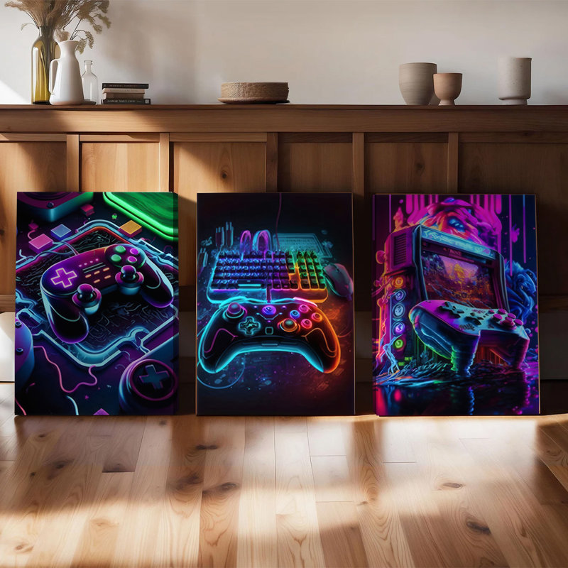 Ensemble de 3 affiches encadrées décoratives pour chambre de garçon ou de joueur, avec des motifs néon vibrants de manettes de jeux vidéo. Décoration moderne et numérique pour la chambre d'un adolescent.