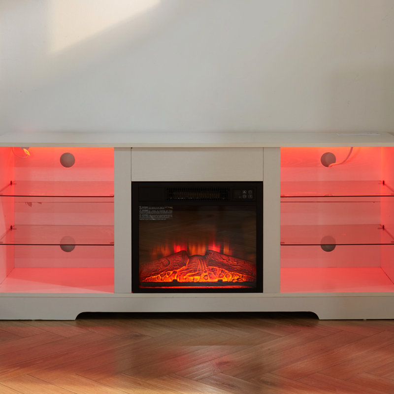 Meuble télé blanc pour foyer électrique, flamme réglable, pour téléviseur de 32 à 62 po, console de l 58 po x P 15,5 po x H 24,4 po, l 58 po, s'adapte au réglage de la vitesse de combustion de la flamme, aux compartiments de rangement