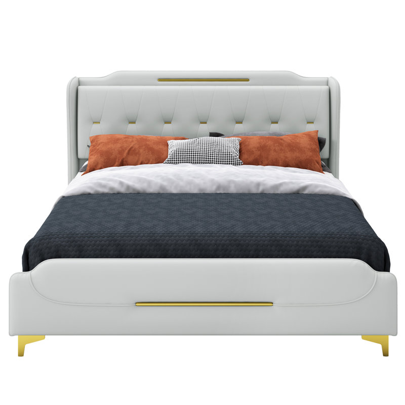 Lit plateforme tapissier gris très grand, tête de lit à oreilles et lattes en bois massif, support en métal, aucun sommier nécessaire, lit facile à installer avec revêtement en cuir PU, décoration dorée, 4 pouces