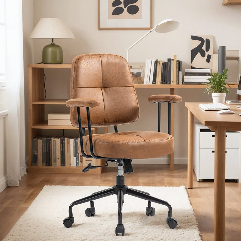 Home Office Chair, Upholstered Desk Chair With Armrests, Mid Century Modern Comfy Computer Chair With Wheels, Adjustable Faux Leather Desk Chair For Home Office (brown -metal Pipe)