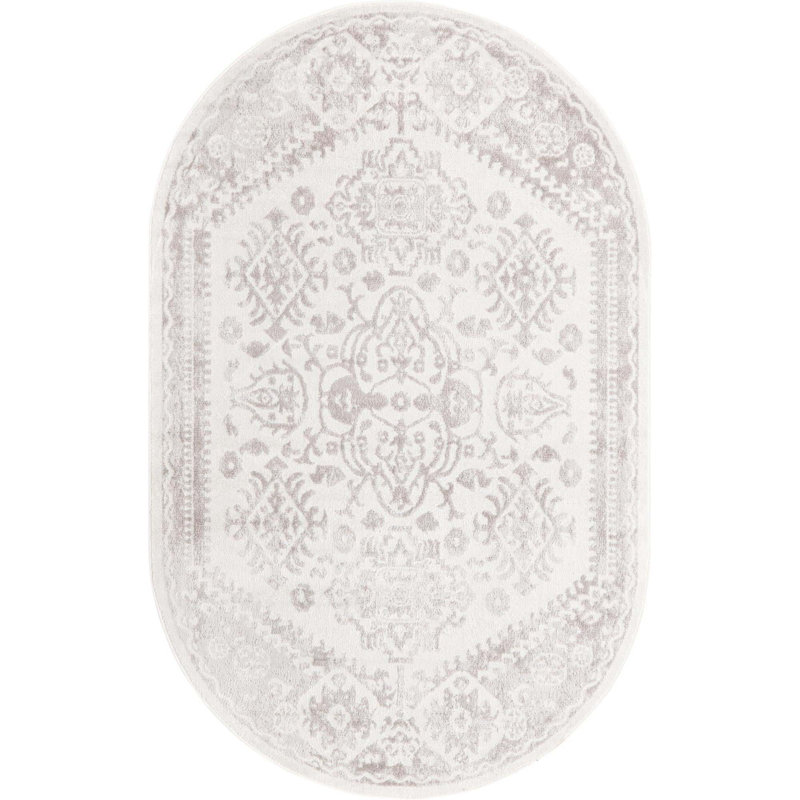 Tapis oriental en polypropylène gris / ivoire Ervine, Ovale 5 pi 3 po x 8 pi