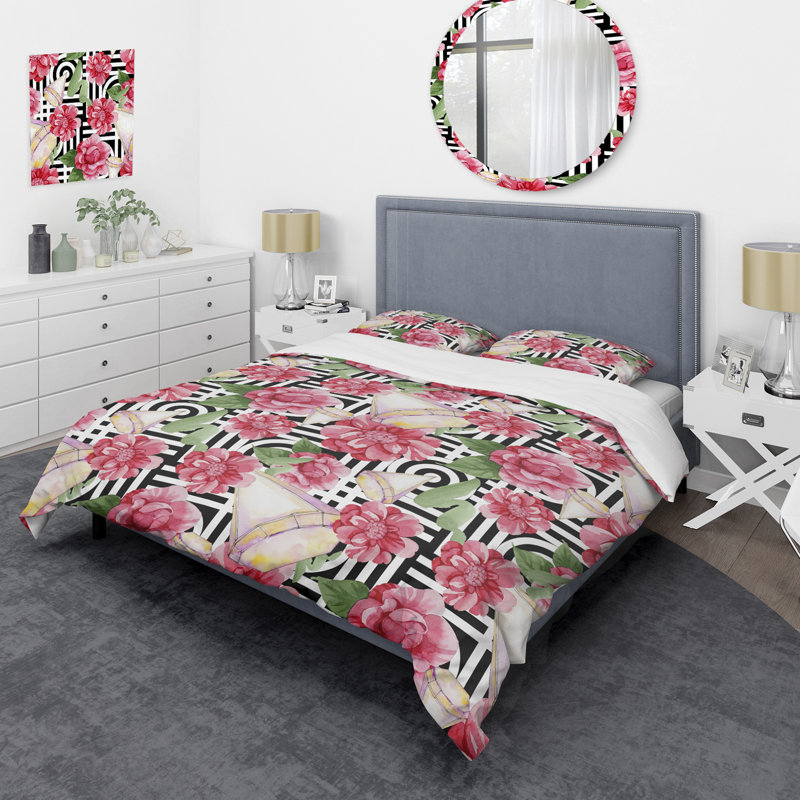 Roses roses et feuille verte - ensemble de housse de couette floral - microfibre de polyester