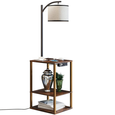 Floor Lamp With Table, End Table With Lamp, Shelves, Charging Station(USB & AC Port), 3-Color Temperature LED Bulb, Side Table Lamps For Living Room, Bedroom, Office, Rustic Brown