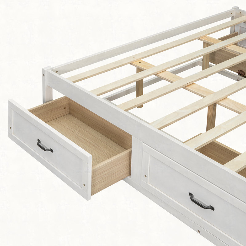 Lit plateforme avec 6 tiroirs de rangement, Grand lit, Blanc antique