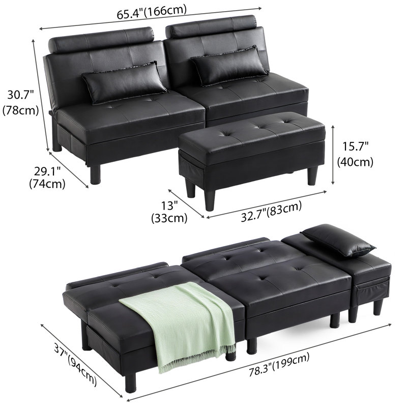 Upholstered Convertible Reclining Sleeper Sofa Bed With Versatile Ottoman, 2 Soft Pillows, Black