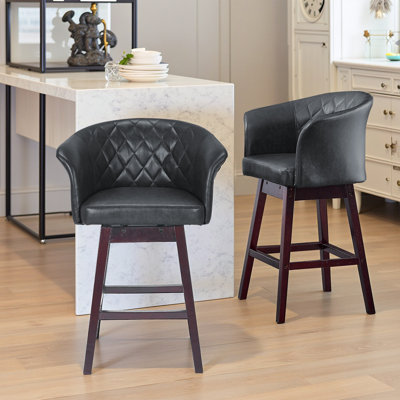 Set Of 2 Swivel Bar Stools, Faux Leather Upholstered Counter Barstools With Solid Wood Legs For Kitchen Island