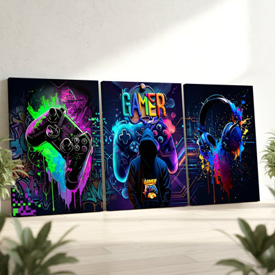 3 Pieces Dynamic Gamer Large Wall Art featuring Game Controller, Three Pieces Wall Art for Living Room, Bedroom, Office, and Home Decor, Ready to Hang