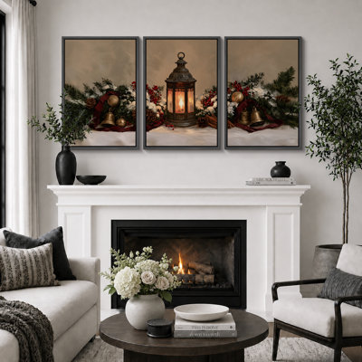 Décoration de Noël avec lanternes vertes, tableau pour chambre, impression giclée sur toile encadrée en 3 pièces - 3 pièces de 40 x 60 cm et 3 pièces de 60 x 90 cm