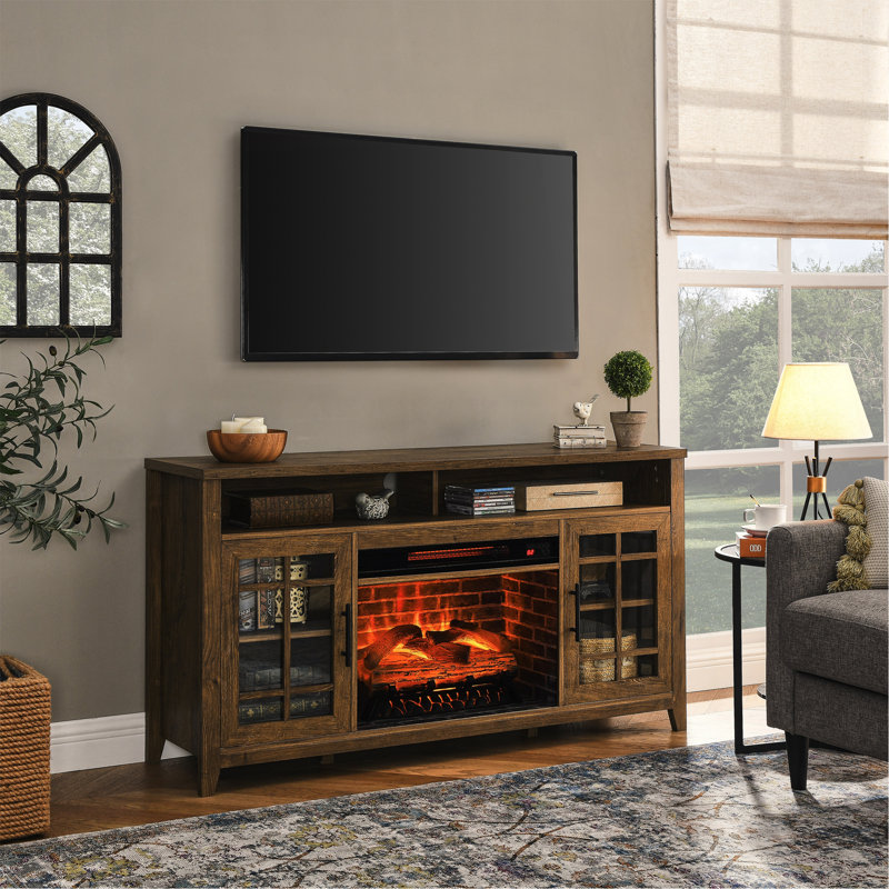 55 Inch TV Media Stand With Electric Fireplace KD Inserts Heater,Reclaimed Barnwood Color, Reclaimed Barnwood