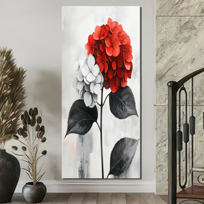 Hortensias monochromes avec décor de pétales rouges I - hydrangées, décoration murale