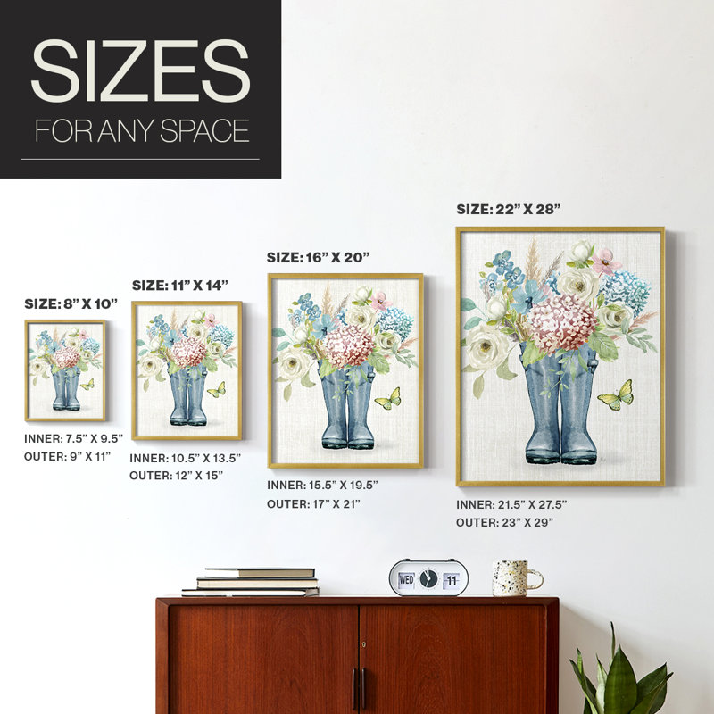 Garden Boots Framed Print - Solid Wood, 10" H x 8" W, Gold