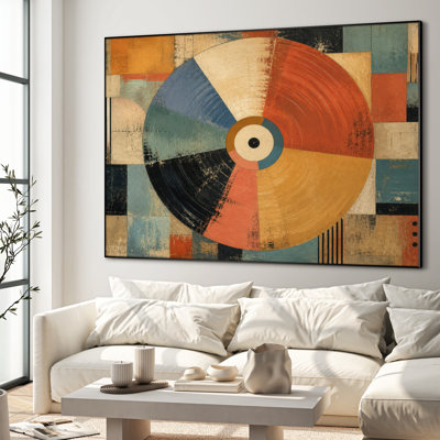 Très grand art mural imprimé sur tissu - Motif de cercle géométrique orange, décoration de salon rétro - «Assemblage requis du cadre (cadre non fini)»