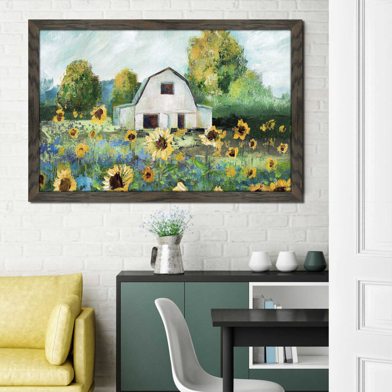 Sunflower Barn par - Peinture, Cadre chocolat patiné, H 33,5 po x l 49,5 po x P 1 po