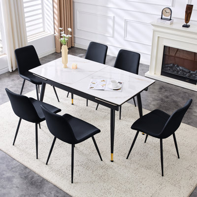 Ensemble de table de salle à manger en pierre frittée extensible de 55 à 79 po avec rallonge cachée et pieds en métal