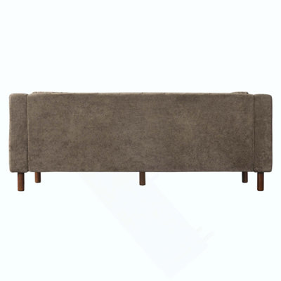Canapé 3 places moderne en chenille, accoudoirs carrés, dossier capitonné et pieds en bois d'hévéa. Canapé multi-coussins idéal pour le salon et le coin détente d'un appartement.