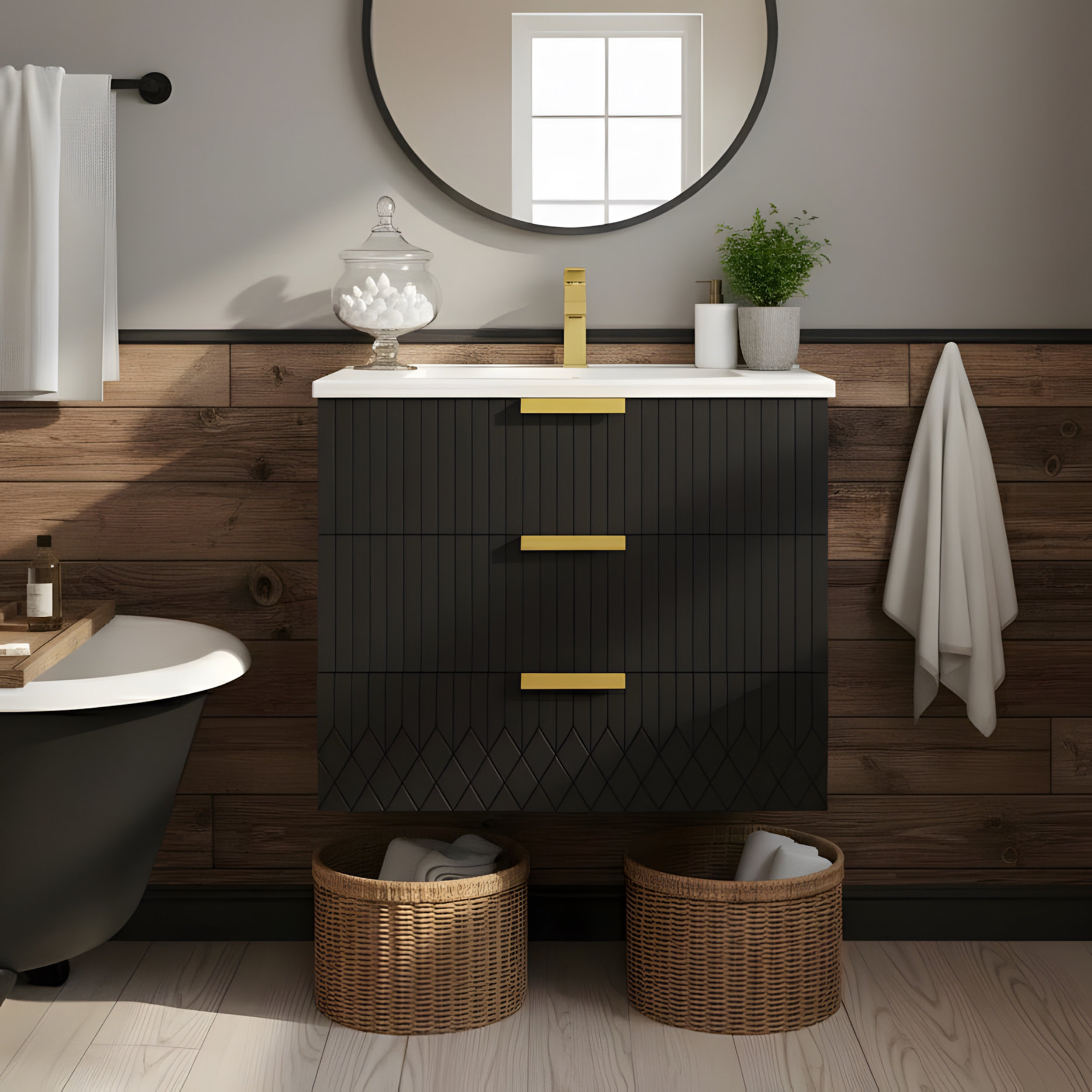 Winston Porter 24-inch wall-mounted floating cabinet with two drawers ...