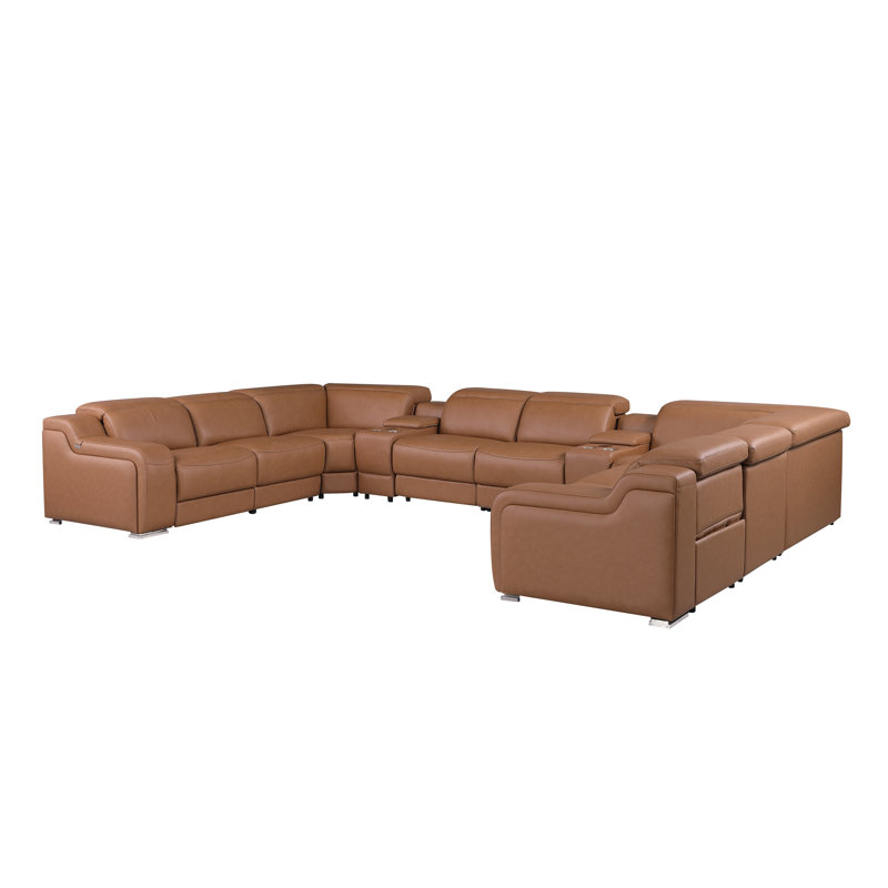Canapé modulaire inclinable en cuir italien 10 pièces Stanwin, Cuir véritable cognac
