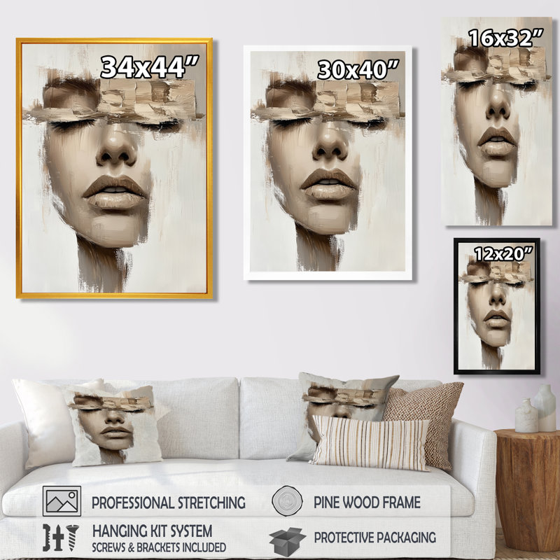 «Modern Abstract Woman Face I», reproduction d'art murale moderne grise, H 32 po x l 16 po, Toile tendue