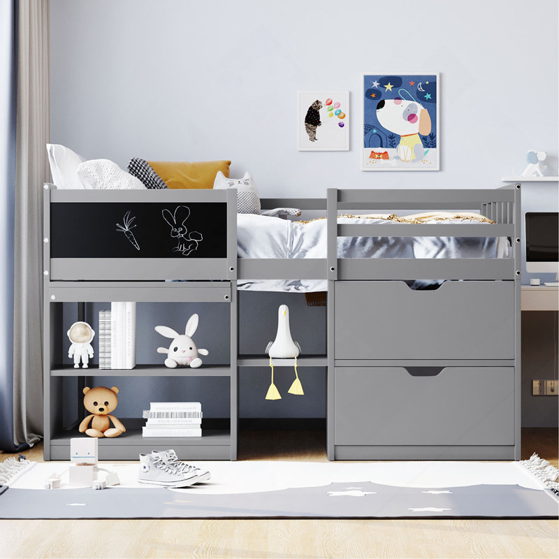 Lit mezzanine simple avec bureau à roulettes, tablette et tiroirs, Gris