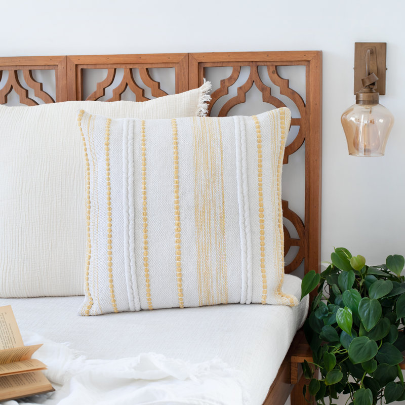 20" Yellow and White Striped Cotton Throw Pillow