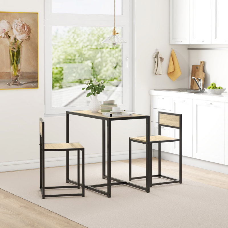 Oak and Black 3-Piece Industrial Dining Table Set with 2 Chairs