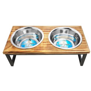 Teamson Pets Billie Elevated Ceramic Double Pet Feeder with Ash Wood Stand Brown